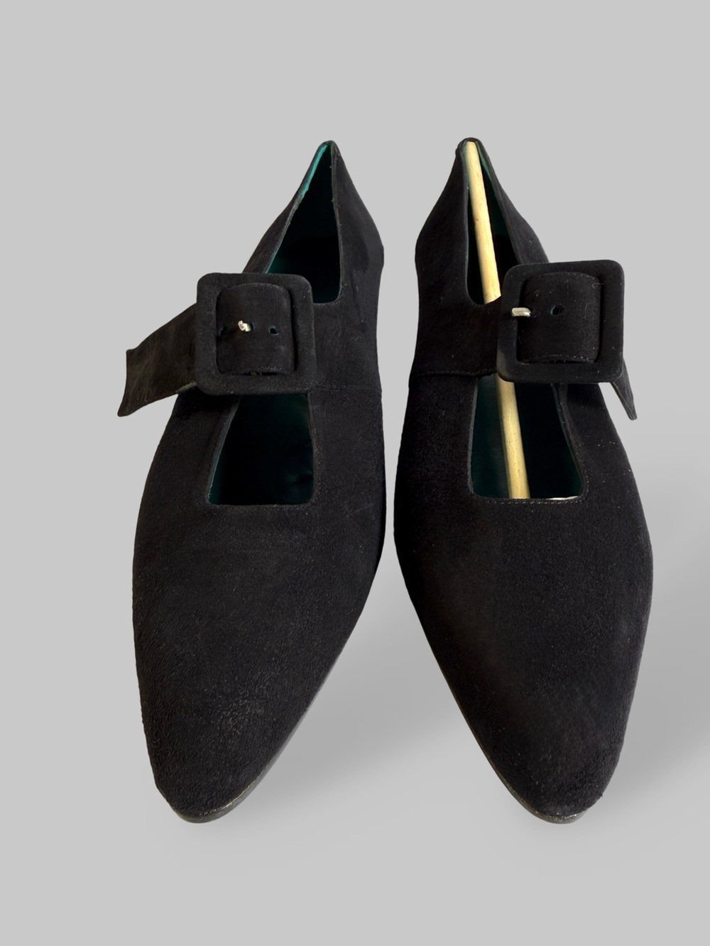 Sasha Black Suede Pointed Mary Jane Flats with Buckle
